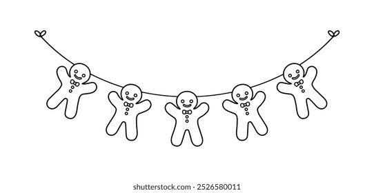 Gingerbread Cookies Garland Outline Line Art Decor, Christmas Graphics Festive Winter Holiday Season Bunting
