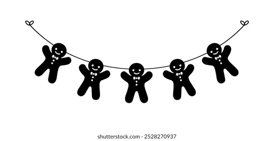Gingerbread Cookies Garland Silhouette, Christmas Graphics Festive Winter Holiday Season Bunting