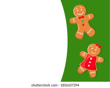 Gingerbread cookies, gingermen in bowtie and dress. Christmas snack or treat, dessert or pastry, New Year celebration dish, winter holiday vector