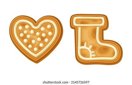 Gingerbread cookies of heart and boot shape set. Baked festive biscuits in icing sugar cartoon vector illustration