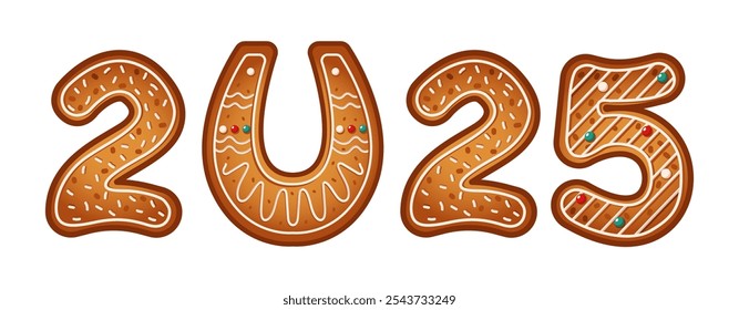 Gingerbread cookies with horseshoe forming number 2025 decorated with icing flat color vector objects. Upcoming New Year and festive holiday season illustration