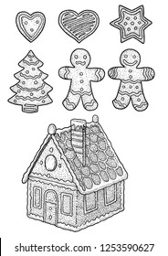 Gingerbread cookies and house illustration, drawing, engraving, ink, line art, vector