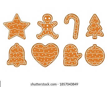 Gingerbread cookies icon set. Christmas cute food symbols. Vector illustration isolated on white.