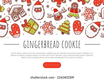 Gingerbread cookies landing page. Christmas and New Year holidays web banner, website with gingerbread cookies seamless pattern cartoon vector