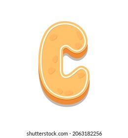 Gingerbread Cookies letter C. Cartoon letter with icing sugar covering. Vector illustration for your design.