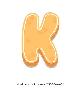 Gingerbread Cookies letter K. Cartoon letter with icing sugar covering. Vector illustration for your design.