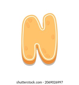 Gingerbread Cookies letter N. Cartoon letter with icing sugar covering. Vector illustration for your design.