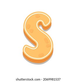 Gingerbread Cookies letter S. Cartoon letter with icing sugar covering. Vector illustration for your design.