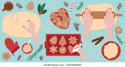 Gingerbread cookies making set. Flat vector set of hands rolling out dough and decorating cookies with sugar glaze