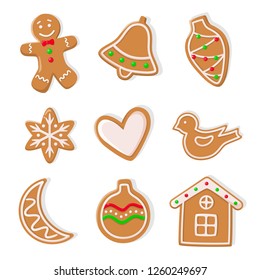 Gingerbread cookies, man and bells hearts isolated icons set vector. Bauble in form of cone, moon and ball, house and heart, birdie ginger biscuit