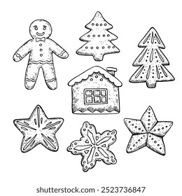 Gingerbread cookies in man shape and shape of stars, snowflake, Christmas tree and house. Black and white outline illustrations for design and coloring books.