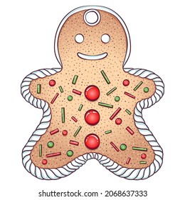 Gingerbread cookies Man. Vector illustration of Christmas baking. Christmas gingerbread. Cartoon hand draw style isolated on white. Design for greeting cards, banners, poster, print.