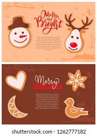 Gingerbread cookies, Merry Christmas and New year. Snowman and deer, heart and crescent, snowflake and bird. Treat or dessert, snack for Santa vector