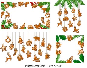 gingerbread cookies merry christmas xmas winter seasonal text frames, borders, overlay textures templates set, vector illustration isolated graphic design