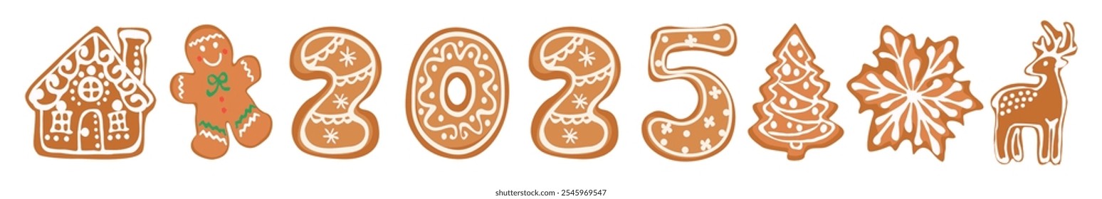 Gingerbread cookies with the numbers 2025, decorated with various designs, including deer, man, house, star. Vector illustrations isolated on white background