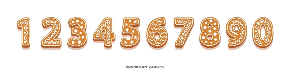 Gingerbread Cookies Numbers, Festive New Year Ginger Bread Numerals from One to Zero, Sweet Dessert Font or Type. Xmas Typography Isolated on White Background. Cartoon Vector Illustration