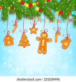 gingerbread cookies on christmas tree vector