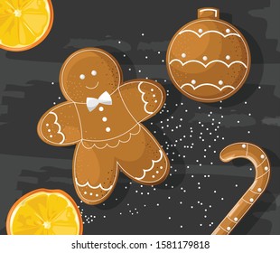 Gingerbread cookies on dark background. Orange slices. Vector