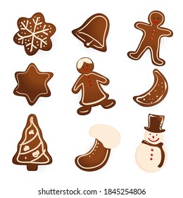Gingerbread cookies on white background. Snowflake, star, man, angel, christmas tree and snowman shapes.