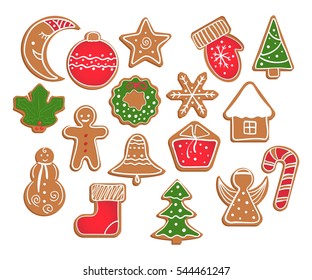 Gingerbread cookies on white background. Snowflake, glove, star, man, angel, candy, moon, Christmas tree, wreath, house, bell, ball, gift box, holly berry, sock shapes