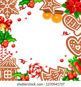 Gingerbread cookies pattern. Christmas concept for greetings card. Flat vector illustration on white background. Empty space in center.