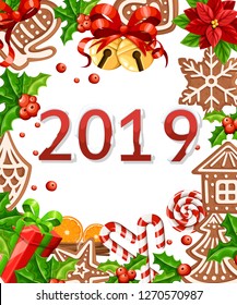 Gingerbread cookies pattern. Christmas concept for greetings card. Flat vector illustration on white background. 2019 New Year in center.