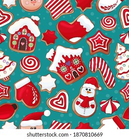 Gingerbread cookies pattern. Christmas cookies print. Many types christmas sweets. Happy New Year delicious pattern. Gingerbread house, gingerbread man cookies print. Christmas glazed cookie wallpaper