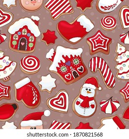 Gingerbread cookies pattern. Christmas cookies print. Many types christmas sweets. Happy New Year delicious pattern. Gingerbread house, gingerbread man cookies print. Christmas glazed cookie wallpaper