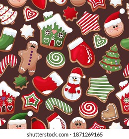 Gingerbread cookies pattern. Christmas cookies print. Many types christmas sweets. Happy New Year delicious pattern. Gingerbread house, gingerbread man cookies print. Christmas glazed cookie wallpaper