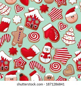 Gingerbread cookies pattern. Christmas cookies print. Many types christmas sweets. Happy New Year delicious pattern. Gingerbread house, gingerbread man cookies print. Christmas glazed cookie wallpaper