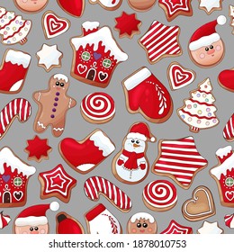 Gingerbread cookies pattern. Christmas cookies print. Many types christmas sweets. Happy New Year delicious pattern. Gingerbread house, gingerbread man cookies print. Christmas glazed cookie wallpaper