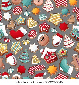 Gingerbread cookies pattern. Christmas cookies print. Many types christmas sweets. Happy New Year delicious pattern. Gingerbread house, gingerbread man cookies print.Christmas glazed cookie wallpaper