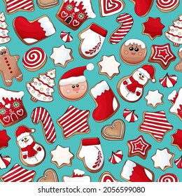 Gingerbread cookies pattern. Christmas cookies print. Many types christmas sweets. Happy New Year delicious pattern. Gingerbread house, gingerbread man cookies print. Christmas glazed cookie wallpaper