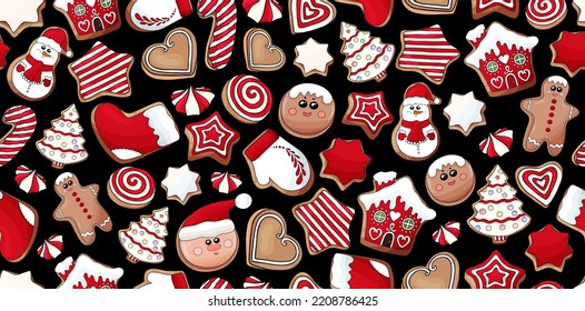 Gingerbread cookies pattern. Christmas cookies print. Many types christmas sweets. Happy New Year delicious pattern. Gingerbread house, gingerbread man cookies print. Christmas glazed cookie wallpaper