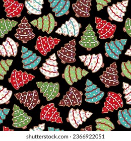 Gingerbread cookies pattern. Christmas cookies print. Christmas tree shape sweets. Happy New Year delicious pattern. Gingerbread glazed cookie wallpaper. Cookies background. Holiday texture, fabric.