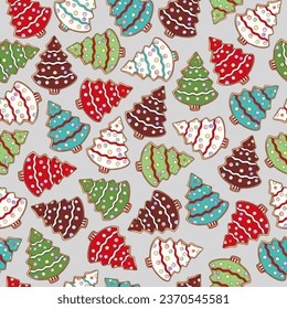 Gingerbread cookies pattern. Christmas cookies print. Christmas tree shape sweets. Happy New Year delicious pattern. Gingerbread glazed cookie wallpaper. Cookies background. Holiday texture, fabric.