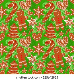 Gingerbread cookies pattern Merry Christmas, seamless texture vector