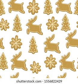 Gingerbread cookies reindeer, fir-tree and snowflake cartoon hand drawn seamless winter holidays pattern. Christmas and New Year.