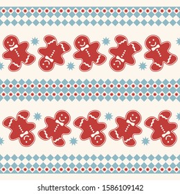 Gingerbread cookies. Seamless background and using gingerbread man and stylized snowflakes or stars. Vector image.