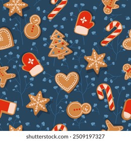 Gingerbread Cookies Seamless Christmas Pattern falling snow and snowflakes blue background.