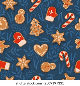 Gingerbread Cookies Seamless Christmas Pattern falling snow and snowflakes blue background.