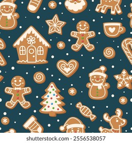 Gingerbread cookies seamless Christmas pattern on dark background. Gingerbread house, man, Christmas tree and other Christmas figures. Repeating pattern for Christmas decorations.