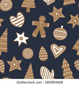 Gingerbread cookies seamless pattern for Christmas. Cozy childish xmas print. Traditional holiday scandinavian background. Flat hand drawn baked man, star, heart, tree.