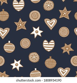 Gingerbread cookies seamless pattern for Christmas. Cozy childish xmas print. Traditional holiday scandinavian background. Flat hand drawn baked bauble, star, heart.