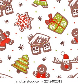 Gingerbread cookies seamless pattern. Christmas and New Year repeating print for wallpaper, wrapping paper, textile, package design cartoon vecto