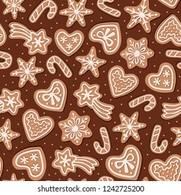 Gingerbread cookies seamless pattern. Flat style. Vector illustration.