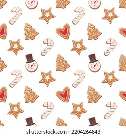 Gingerbread cookies seamless pattern in flat cartoon style.