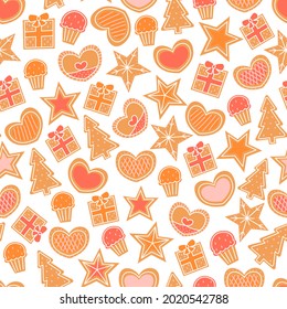 Gingerbread cookies seamless pattern on white background with xmas eve, heart, stars and gifts, happy christmas