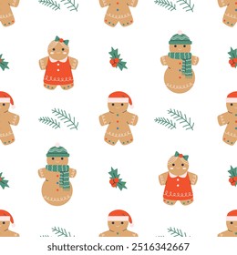 Gingerbread cookies seamless pattern with small details. Flat square illustration on white background