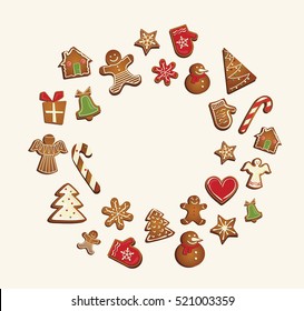 Gingerbread cookies set arranged in as holiday round frame. vector illustration